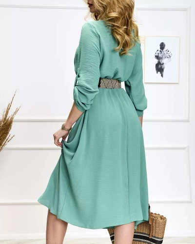Rochie lungă de damă cu curea în culoarea mentă- Îmbrăcăminte