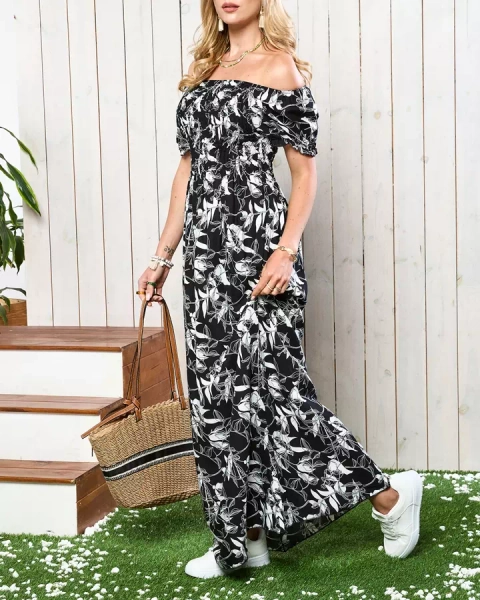 Rochie maxi de damă alb-negru cu imprimeu- Îmbrăcăminte
