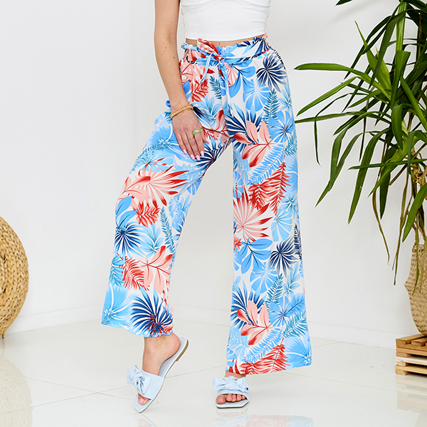 Pantaloni palazzo pentru femei albaștri cu model floral - Îmbrăcăminte