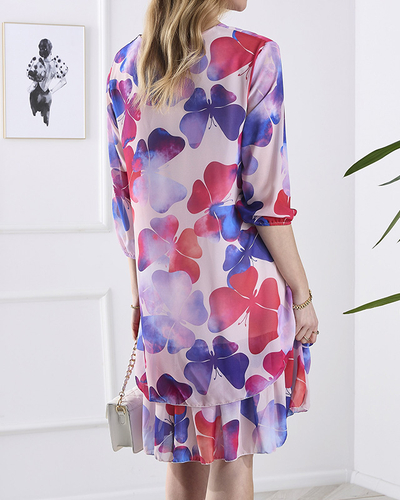 Rochie mov de damă până la genunchi cu imprimeu și volan- Îmbrăcăminte