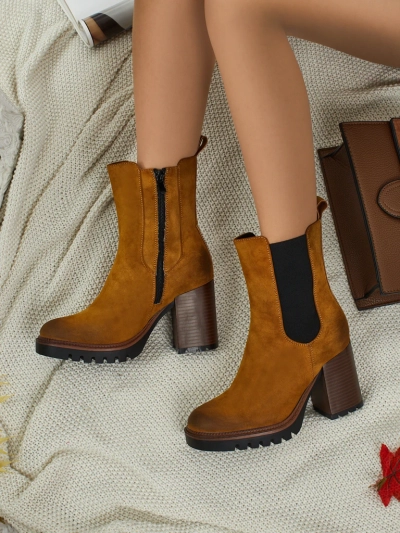 Botine de damă Soreya din piele ecologică intoarsă cu toc gros