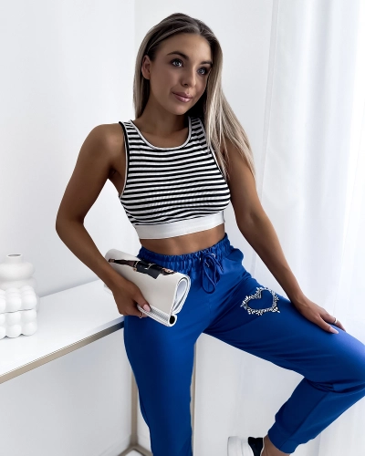 Pantaloni de trening albastru pentru femei cu ornament de zirconiu- Îmbrăcăminte