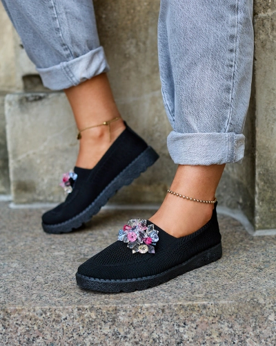 Royalfashion Mocasini negri din material textil pentru femei cu cristale Fezens