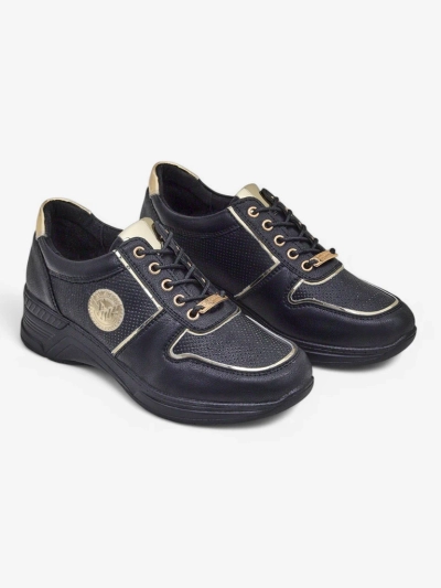 Damskie sneakersy koturny Callista Nero skóra ekologiczna czarne