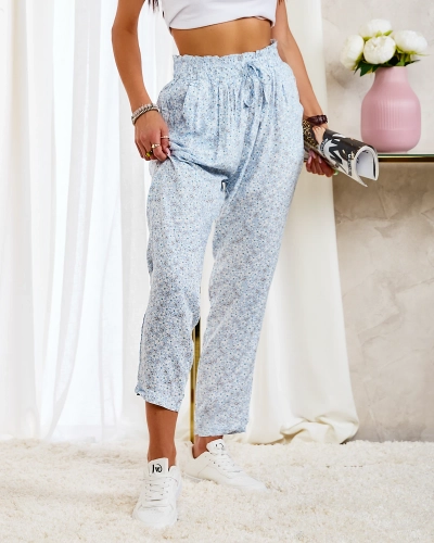 Royalfashion Pantaloni din bumbac floral pentru femei, de culoare albastră