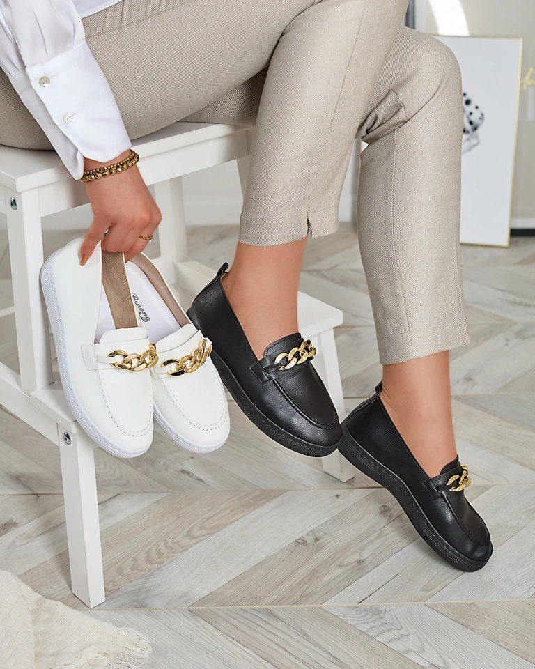 Mocasini negri de damă cu ornament auriu Ellica- Footwear