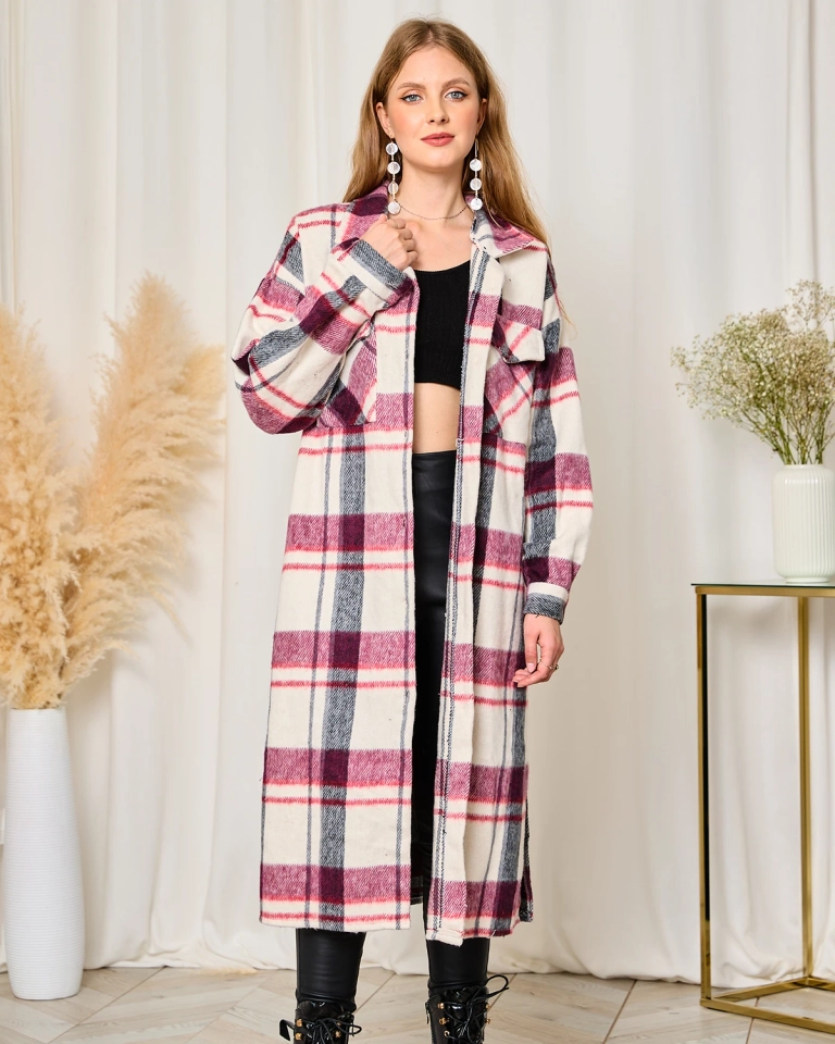 Jachetă de damă cu carouri maro peste genunchi - Îmbrăcăminte