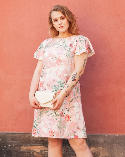 Rochie trapezoidală florală roz de damă - Îmbrăcăminte