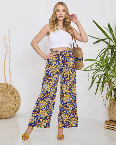 Pantaloni palazzo de damă albaștri cu flori albastru marin- Îmbrăcăminte