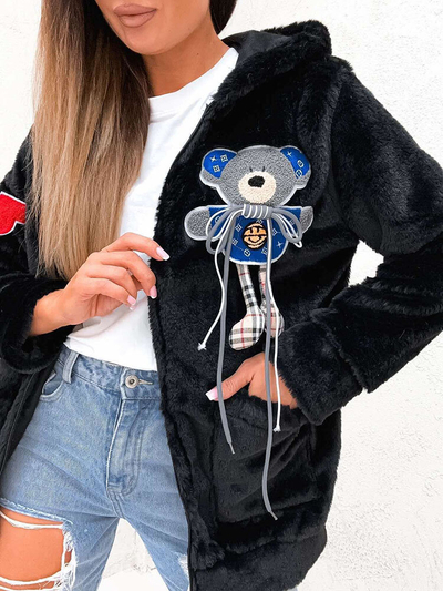 Royalfashion Fleece negru cu ursuleț decorativ albastru