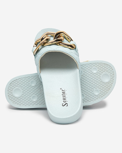 OUTLET Papuci de dama albastri matlasati cu lant auriu Eteris - Incaltaminte