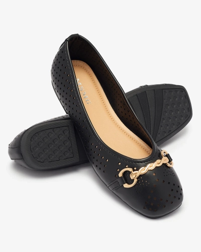Balerini negri de damă traforați cu ornament auriu Serilla- Footwear