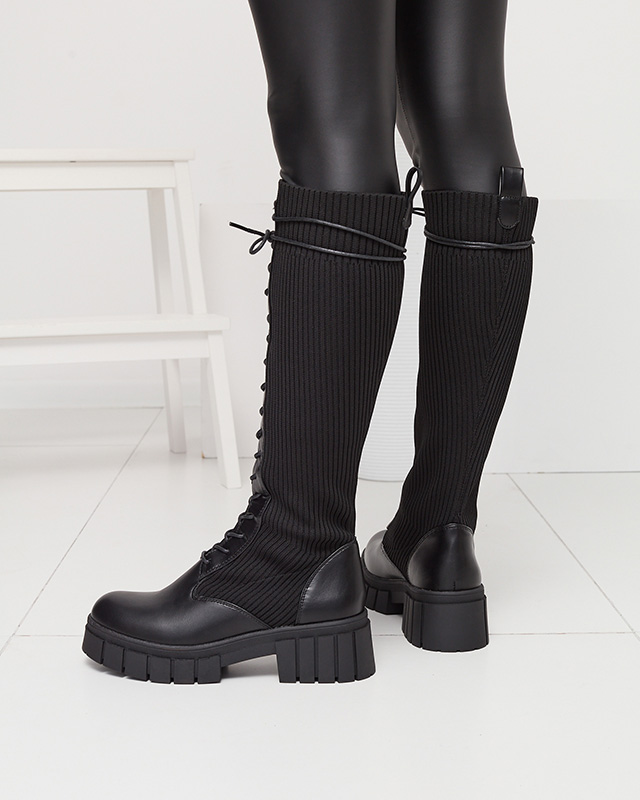 Cizme până la genunchi pentru femei cu șireturi, negre Assala- Footwear