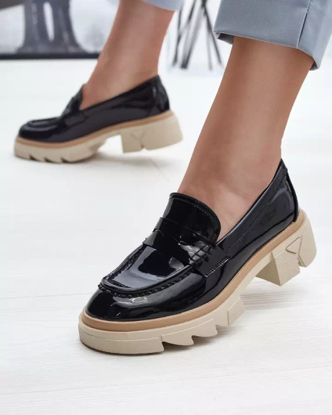 Mocasini negri de damă din piele ecologică din piele lăcuită Sepop- Footwear