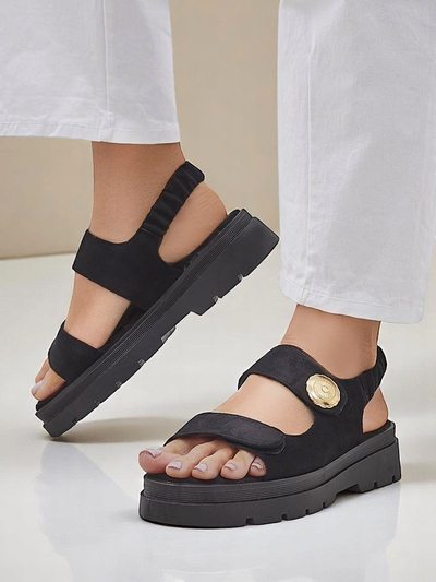 Sandale damă Royalfashion Anthea Nero – piele de căprioară neagră, platformă 5 cm