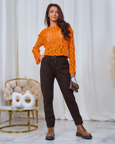 Royalfashion Pantaloni din țesătură de catifea maro închis pentru femei
