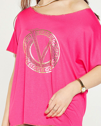 Bluză de damă fucsia cu imprimeu și zirconiu cubic - Îmbrăcăminte