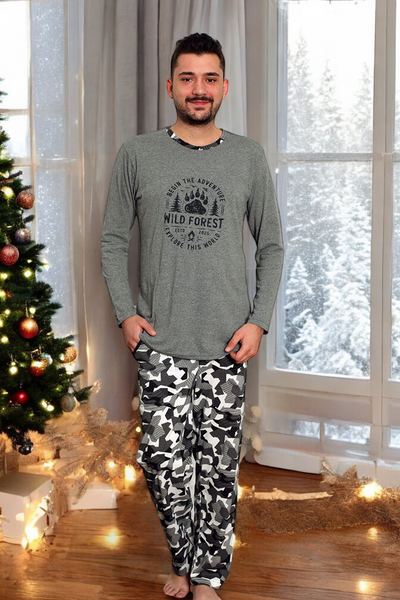 Pijamale bărbați bleumarin cu pantaloni în carouri - Îmbrăcăminte