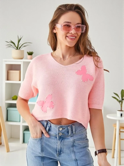 Royalfashion Pulover scurt pentru femei din bumbac cu fluturi