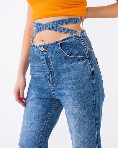 Blugi de damă boyfriendy blue din denim cu curea decorativă - Îmbrăcăminte