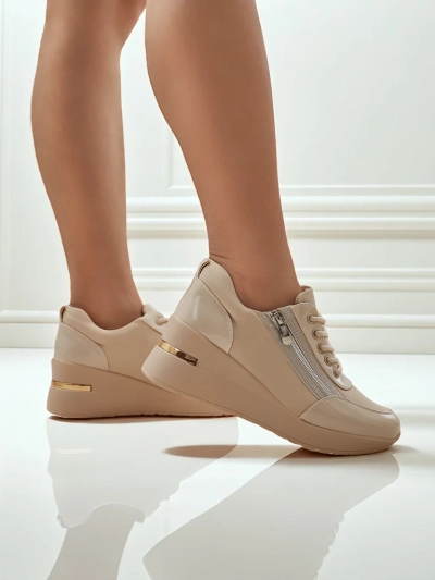 Sneakers dama cu toc HeraBea bej din piele ecologica 6,5 cm cu fermoar