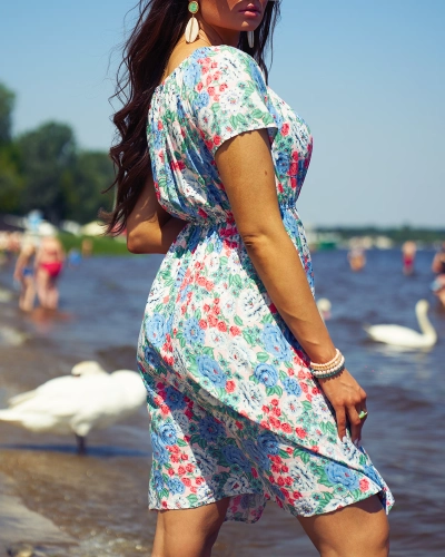 Royalfashion Rochie mini florală pentru femei a'la hiszpanka în albastru