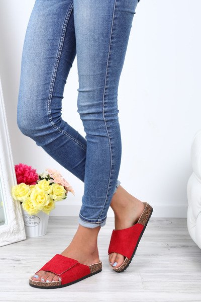 Czerwone klapki na rzepy z eko zamszu Lindsey- Obuwie