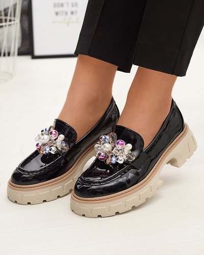 Mocasini de damă lăcuiți negri cu ornament Leliab- Footwear
