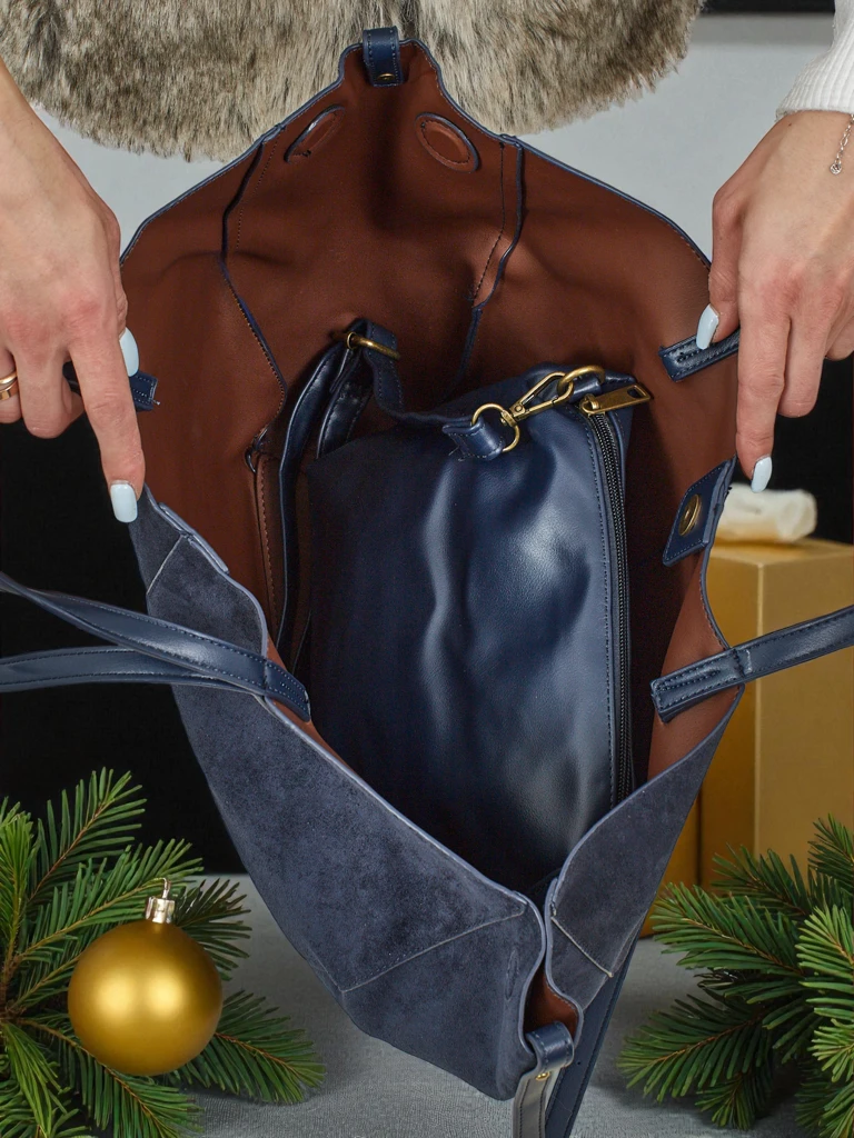 Geantă de damă shopper eco din piele întoarsă cu o geantă mai mică din piele eco inclusă, set 2 în 1 Elinea