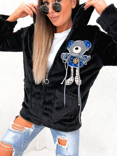 Royalfashion Fleece negru cu ursuleț decorativ albastru
