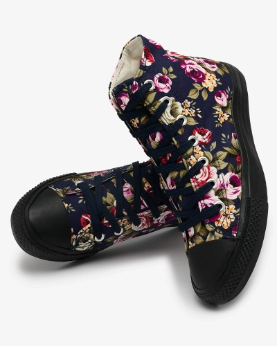 Royalfashion Adidași înalți de damă de culoare albastru marin cu flori colorate Soxic