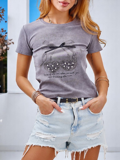 Royalfashion Tricou din bumbac pentru femei cu strasuri și fundiță