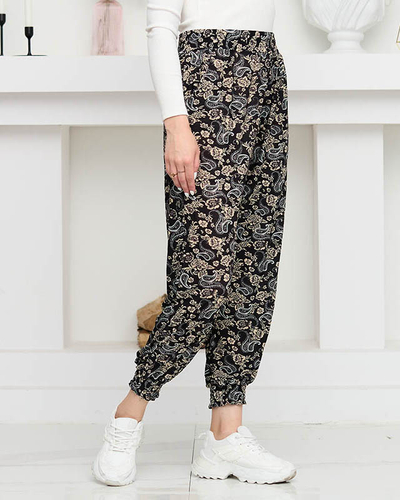 Pantaloni de dama negri cu imprimeu bej PLUS SIZE - Imbracaminte