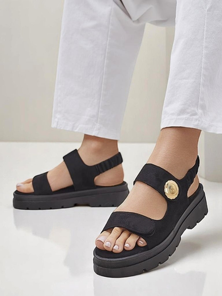 Sandale damă Royalfashion Anthea Nero – piele de căprioară neagră, platformă 5 cm