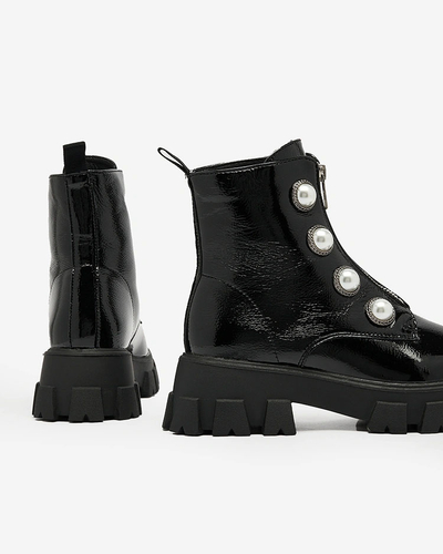 Royalfashion Cizme cu perle lăcuite pentru femei negre Asiciu