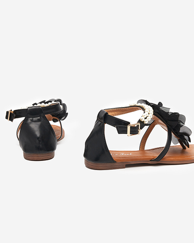 OUTLET Sandale de dama negre cu perle si floare din stofa Amerile - Incaltaminte