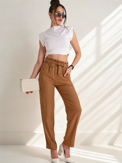 Royalfashion Pantaloni simpli din țesătură pentru femei cu curea