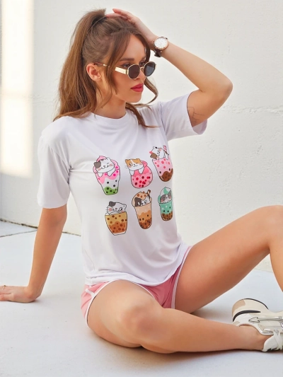 Set sportiv Royalfashion pentru femei cu tricou și pantaloni scurți Kitty Cat