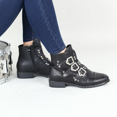 Czarne, ażurowe botki z trzema klamrami Adele- Obuwie