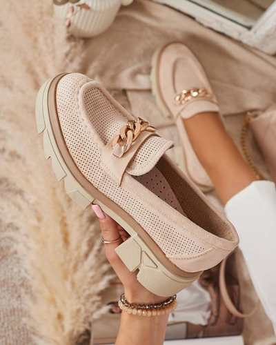 Mocasini din piele ecologică cu decor auriu, bej Zaffix- Footwear