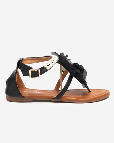 OUTLET Sandale de dama negre cu perle si floare din stofa Amerile - Incaltaminte