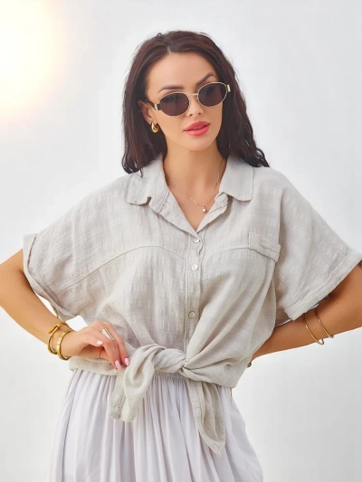 Royalfashion Cămașă din bumbac pentru femei cu embosare și mâneci scurte