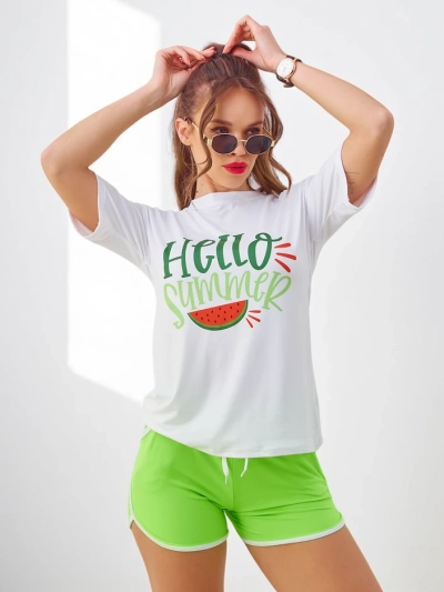 Set sportiv Royalfashion pentru femei cu tricou și pantaloni scurți Hello Summer