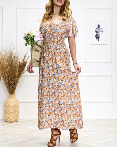 Rochie midi florală pentru femei, portocalie și albastră - Pantofi