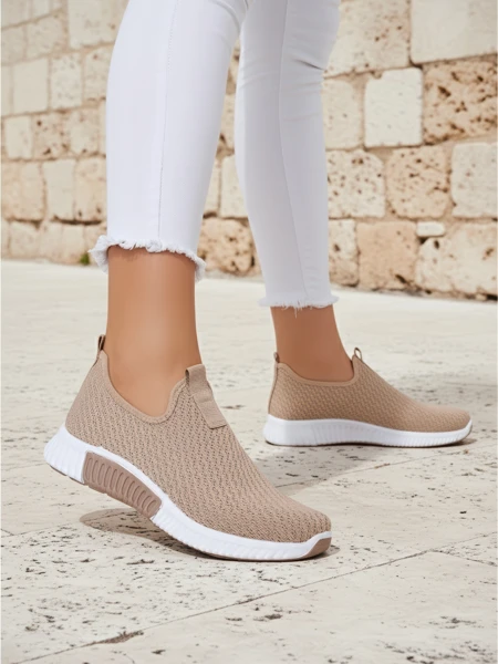 Slip-on damă Selene maro deschis, material textil, toc plat, confort