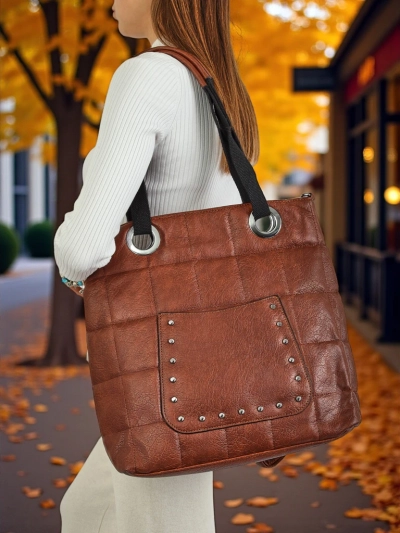 Calista brown eco-leather handbag with studs 41x35 cm