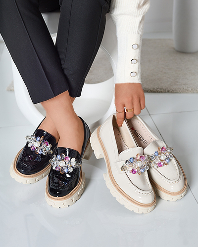 Mocasini de damă lăcuiți negri cu ornament Leliab- Footwear