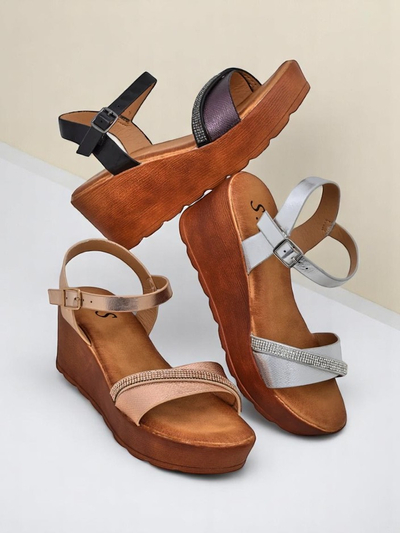 Sandale cu wedge Royalfashion pentru femei, cu strassuri și sclipici Aurora Glow