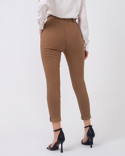 Pantaloni de damă cu talie înaltă din țesătură maro deschis - Îmbrăcăminte