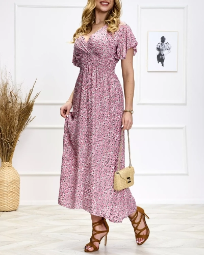 Rochie midi roz cu flori pentru femei - Îmbrăcăminte